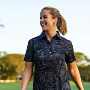 Custom Apparel Ladies Funky Golf Shirt - Black / White Roses
