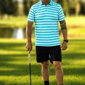 Custom Apparel Striped Golf Shirt - Turquoise/White