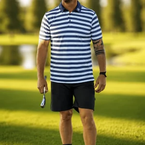 Custom Apparel Striped Golf Shirt - Navy/White